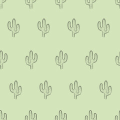 Seamless green repeating cactus pattern with green background. Monochrome cute pattern.