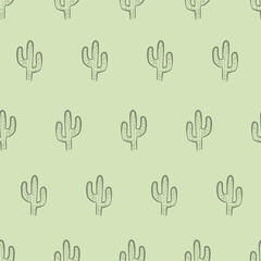 Seamless green repeating cactus pattern with green background. Monochrome cute pattern.