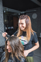 Naklejka premium Profesional de peluquería trabajando, peinando, tiñendo y cortando cabello.