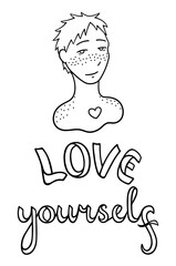 Portrait of boy with freckles on his face and shoulders. Love yourself lettering. Body positive.