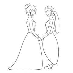 Outline style couple of lesbian brides holding hands at the wedding