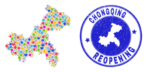 Celebrating Chongqing City map collage and reopening rubber stamp seal. Vector collage Chongqing City map is organized of randomized stars, hearts, balloons.