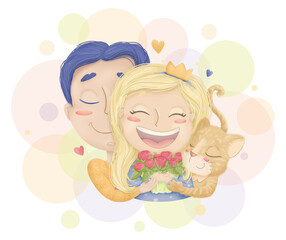 Happy birthday. Man hugs and congratulates a woman, Couple in love with flowers. Flat cute design digital illustration.