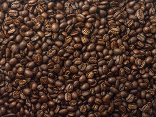Top view, roasted coffee beans, brown, suitable for background images.