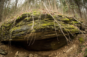 Large boulder protruding from the mountainside