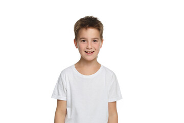 Smiling little boy in a white t-shirt Isolated on a white background.
