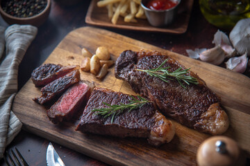 strip steak with french fries and onion rings