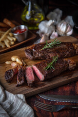 strip steak with french fries and onion rings