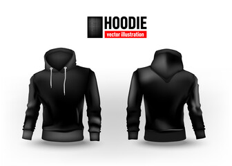 Vector illustration black hoodie sweater. Mens training sweatshirt high neck long sleeve vector template.   
