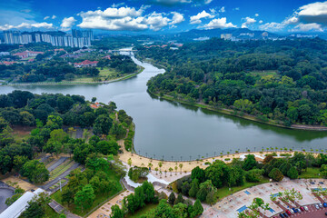 Aerial View Of Putrajaya City Centre with Lake at sunset in Putrajaya, Malaysia.