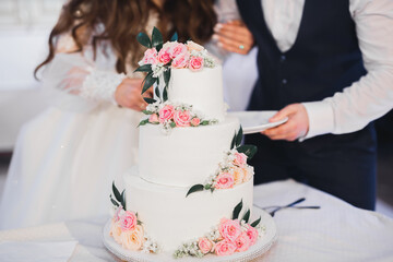 Bride and groom at wedding cutting the wedding cake