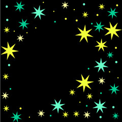 Confetti of shooting stars. Yellow and turquoise stars. Luxury holiday background. Abstract texture on a black background. Design element. Vector illustration, eps 10.