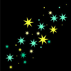 Confetti of shooting stars. Yellow and turquoise stars. Luxury holiday background. Abstract texture on a black background. Design element. Vector illustration, eps 10.