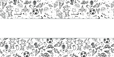 White narrow border. Baby seamless pattern. Background from pictures in doodle style. Boy, stars, lettering, rocket, slingshot, toys. Black and white vector illustration.
