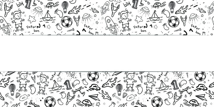 White narrow border. Baby seamless pattern. Background from pictures in doodle style. Boy, stars, lettering, rocket, slingshot, toys. Black and white vector illustration.