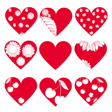 
Hearts. Floral and berry pattern. Set of decorative elements for the design of advertising, packaging, fabric, textile.