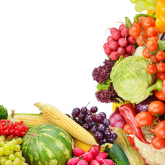 Frame of set vegetables and fruits on white background. Free space for text.