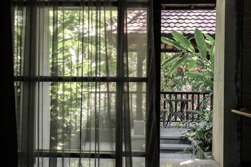 View from luxury hotel room on terrace with gazebo