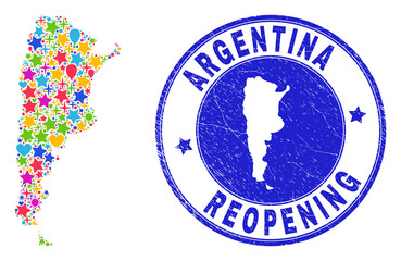 Celebrating Argentina map collage and reopening dirty stamp seal. Vector collage Argentina map is organized of random stars, hearts, balloons. Rounded crooked blue seal with distress rubber texture.