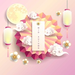 Mid autumn festival / Chinese festival with the moon, blow, lantern, cloud and flowers on color paper. Vector illustration
