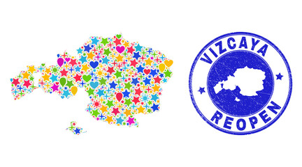 Celebrating Vizcaya Province map collage and reopening unclean watermark. Vector collage Vizcaya Province map is formed with random stars, hearts, balloons.