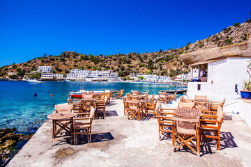 Greek tavern in village of Loutro, Crete island, Greece