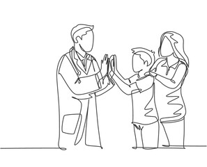 Single line drawing of young happy male doctor checking up sick patient boy and giving high five gesture. Medical healthcare concept continuous line draw design graphic vector illustration