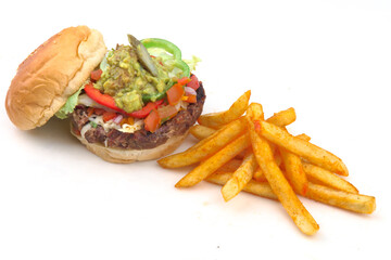 hamburger with beef, avocado and fried potato on a white background