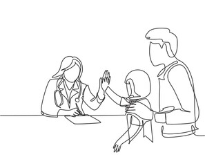 Single line drawing of young happy female doctor checking up sick patient girl and giving high five gesture. Medical healthcare concept continuous line draw graphic design vector illustration