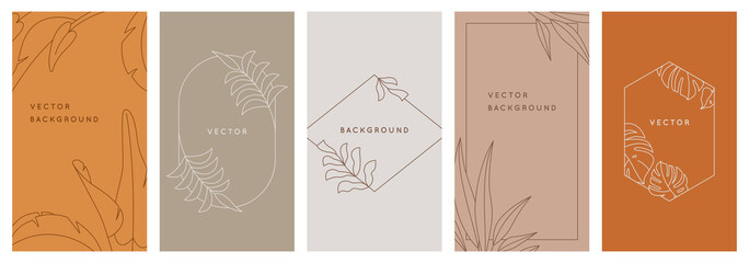 Vector design templates in simple modern style with copy space for text, flowers and leaves - wedding invitation backgrounds and frames, social media stories wallpapers, greeting card designs © venimo