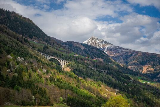 The castle railway bridge at Obervellach in Upper Carinthia, Austria in april.