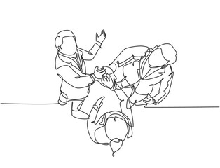 One line drawing of young businessmen celebrating their successive goal at the business meeting with high five gesture from top view. Business deal concept continuous line draw design illustration