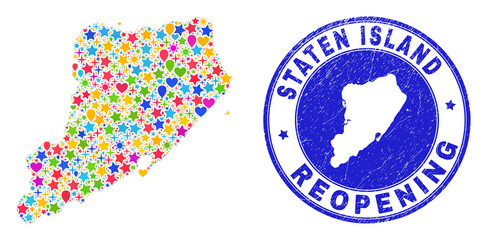 Celebrating Staten Island map mosaic and reopening rubber stamp seal. Vector mosaic Staten Island map is done with randomized stars, hearts, balloons.