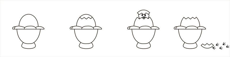 Action comic cartoon story of chicken in pictures. Chick hatches from egg, looks out and then runs away leaving traces. Flat design set isolated on white background, eps10. Vector illustration.