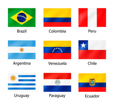 South America flags with captions for illustration of travel, election, holidays. Set of vector national symbols with wavy texture isolated on white.