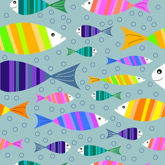 Pattern with colorful fish. Cartoon style drawing for children on a blue background. Vector illustration.