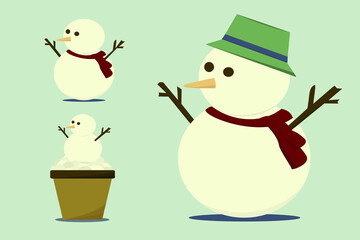 Snowman wearing a scarf and hat and a flower pot