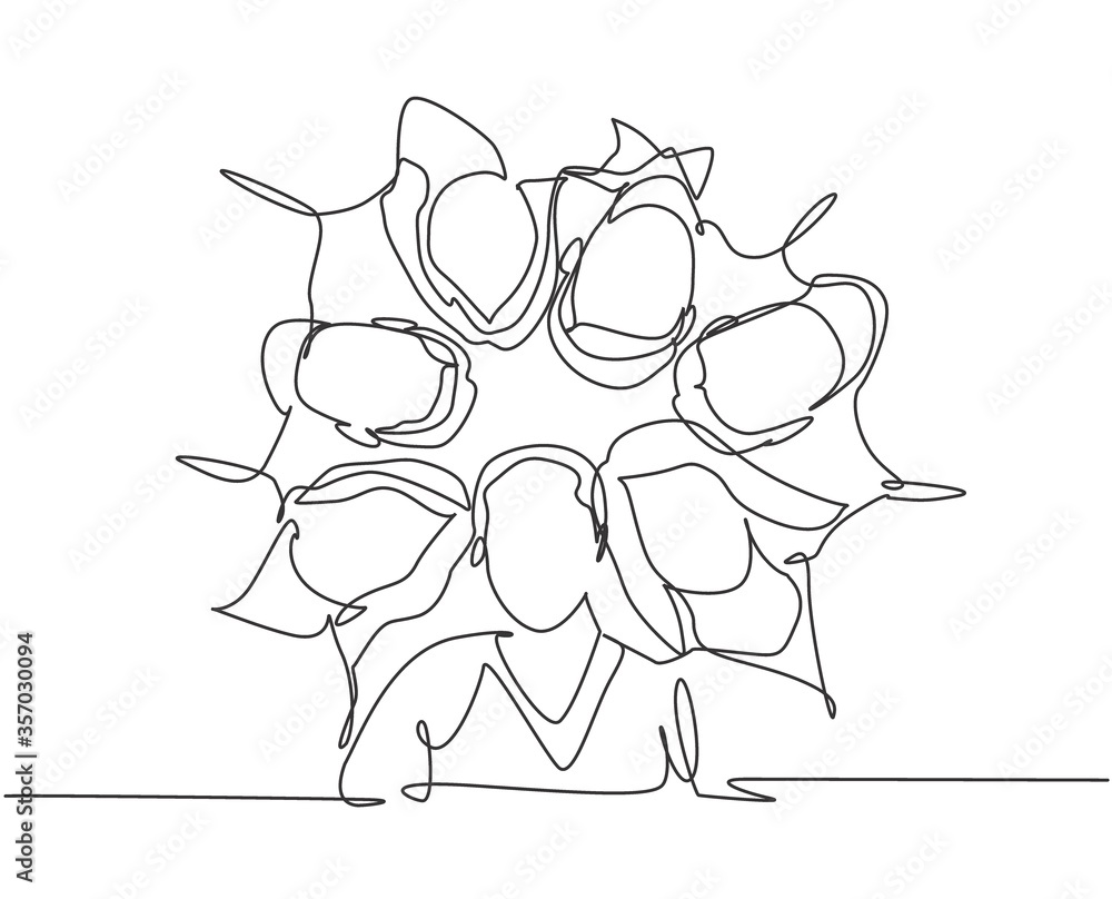 Poster one line drawing of group of businessman and businesswoman creating circle and round shape as teamwo