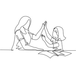 One line drawing of young happy mother accompany her daughter study studying and reading book while giving high five gesture. Parenting concept continuous line draw design graphic vector illustration