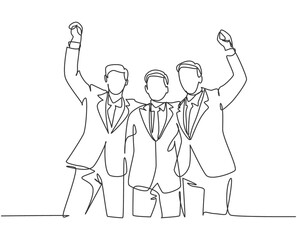 One line drawing of three young happy businessmen celebrating their successive target at the business meeting with high five gesture. Business deal concept continuous line draw design illustration