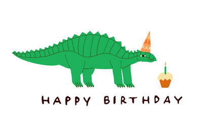 Happy Birthday greeting card with cute green dinosaur. Funny Dino in party hat and cupcake with candle. Make a wish. Fun hand drawn design for poster, banner, card. Stock vector illustration.