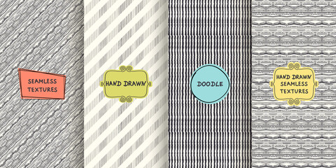 Set of  seamless hand drawn texture designs for backgrounds, business cards, web design. Doodle pattern with trendy modern colorful labels. vector illustration
- 357030486