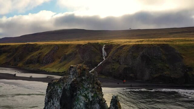 Flying above Hvitserkur basalt stack in northern Iceland