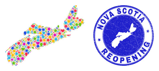 Celebrating Nova Scotia Province map mosaic and reopening unclean seal. Vector mosaic Nova Scotia Province map is created with scattered stars, hearts, balloons.