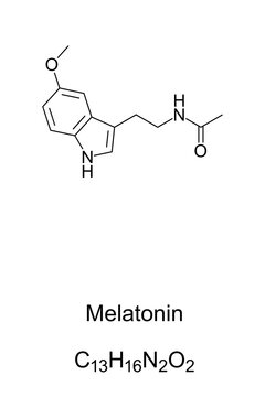 Melatonin, skeletal formula and molecular structure. Hormone that regulates the sleep-wake cycle, primarily released by the pineal gland. Dietary supplement. Structural formula. Illustration. Vector.