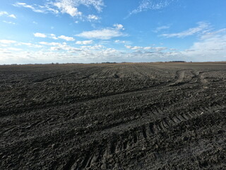 Clear blue sky over a plowed field. Landscape.
