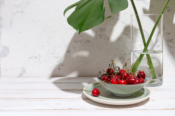 Cherries snack with monstera leaves at the sun