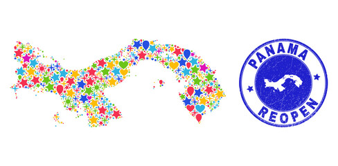 Celebrating Panama map mosaic and reopening grunge stamp seal. Vector mosaic Panama map is formed with random stars, hearts, balloons. Rounded awry blue seal with distress rubber texture.