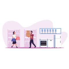 Fototapeta na wymiar young couple shopping appliances activity characters