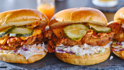spicy nashville hot chicken sandwich with coleslaw and pickles
